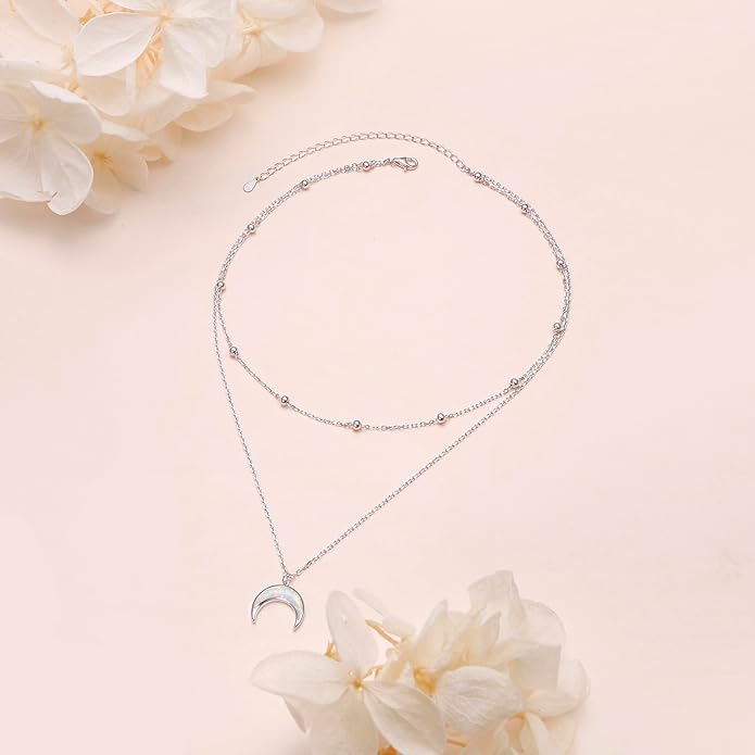 FLYOW Layered Choker Necklace S925 Sterling Silver Star Full Moon Daisy Flower Pendant Disc Jewelry Adjustable Clavicle Necklaces for Women Girls Birthday Gifts