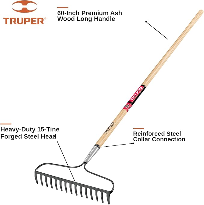 Truper TruPro 15-Tine Forged Steel Bow Rake (Model 31374 / R-16AM-X) | 60-Inch Premium Ash Wood Long Handle, Professional Landscaping Grading and Leveling Tool