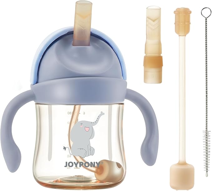 Joypony Sippy Cups for Toddlers 1-3, Spill Proof Weighted Straw Cup with Handle for Baby 6 Months + old, 2 Silicone Straws, PPSU, BPA Free, 6 oz (Blue)