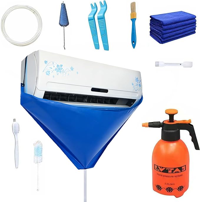 Air Conditioner Cleaning Cover,11PCS Mini Split Cleaning Kit Bag with 2L High Pressure Sprayer,Wall Mounted Waterproof Ac Cleaning Kit with Drainpipe and Support Plates,Fits Systems 27in - 39in(Blue)