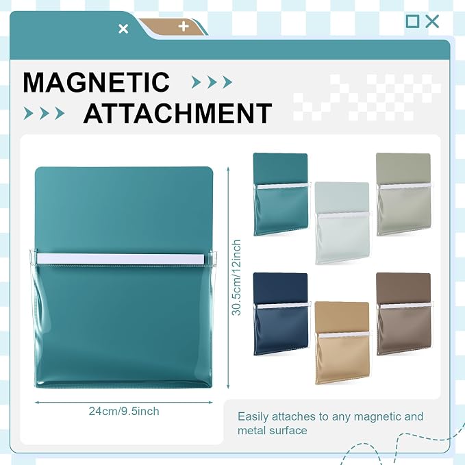 6 Pcs Magnetic File Holder Paper Holder Magnetic Pen Dry Erase Marker Organizer Magnet Pocket Pouch for Whiteboard Refrigerator, 12 x 9.5 in (Morandi)