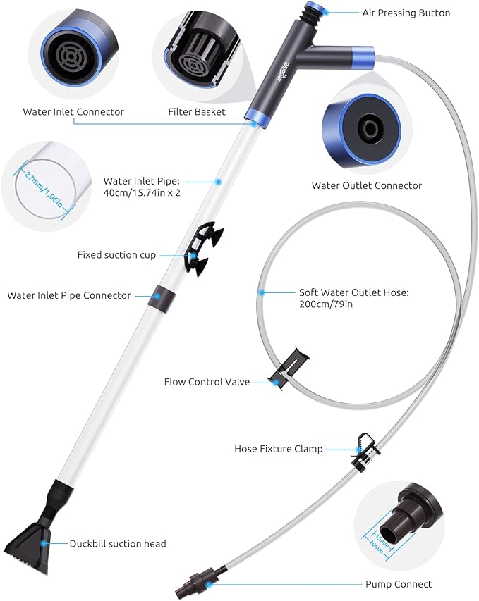 SEAOURA Aquarium Mini Magnetic Brush for Glass Fish Tank with Siphon Pump Gravel Cleaner
