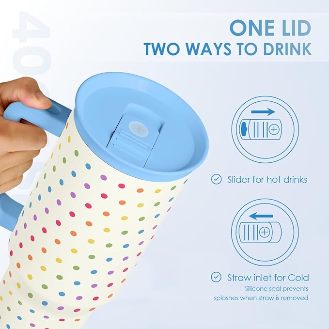 SANDJEST LGBT 40oz Tumbler with Handle and Straw, Insulated Stainless Steel Travel Coffee Mug for Gay Lesbian Adults Friends, Gift Idea for Birthday Christmas Pride Month (Polka Dot)