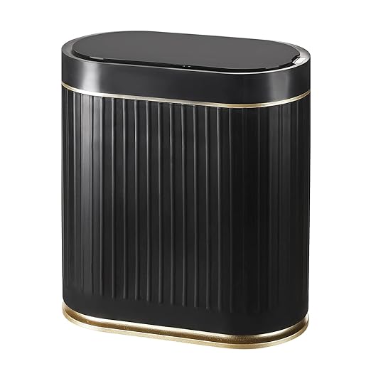 SYNCVIBE Bathroom Sensor Trash Can with Lid Automatic 2 Gallon Small Sensor Garbage Bin, 7.5 Liter Motion Sensor Smart Rubbish Bin Bathroom Decor, Slim Waterproof Plastic Garbage Can, Black Gold