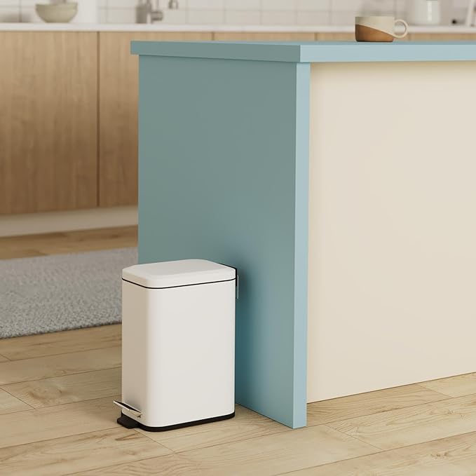 Homie Soft Close, Slim Trash Can 3.2 Gallon with Anti - Bag Slip Liner and Lid, Use as Mini Garbage Basket, Slim Dust Bin, or Decor in Bathroom, Restroom, Kitchen, or Bedroom (Shiny White)