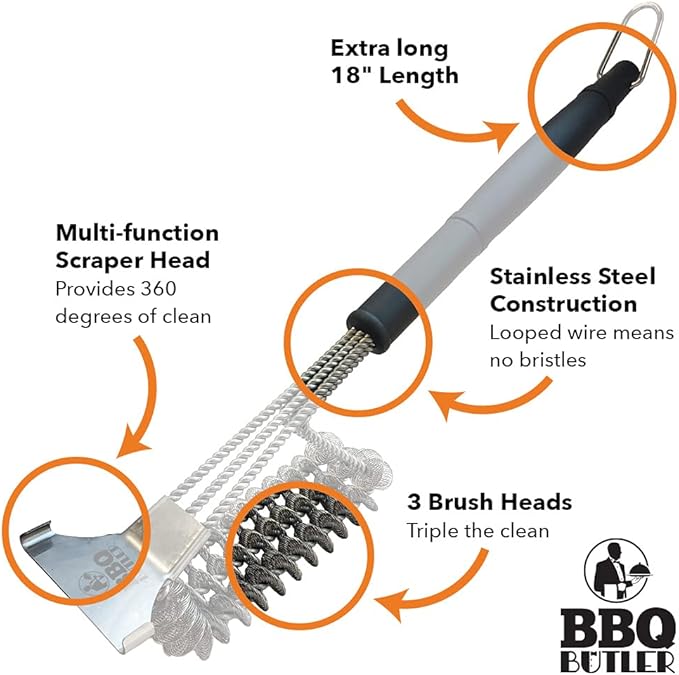 BBQ Butler Bristle Free Grill Brush - 360 Degree Grate Scraper - Safe BBQ Cleaning Grill Brush - Stainless Steel - Grilling Accessories - Gas - Charcoal - Porcelain - Ceramic - BBQ Cleaner