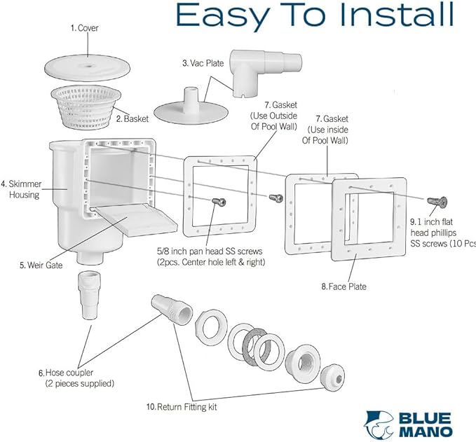 Blue Mano Standard Above Ground Pool Skimmer Complete Kit, Replacement for SP1091LX, 45-400, 32190, 8940, Opening Width 6" Fits All Standard Pool Wall Openings