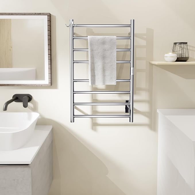 8-Bar Towel Warmer Plug-in Hardwired 3 Modes Mirror Steel 21”W 34”H | can be surface-mounted or flush-mounted, with wiring/cable exit available on either the right or left side.