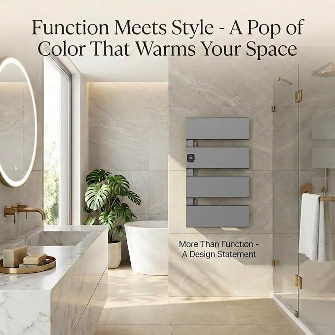 L Series Electric Towel Warmer for Bathroom, 4 Panel, Gun Gray | Thermo Control and Timer, Fast Heat in 3 Mins, Dry Towels in 4 hrs, Memory Function, Work with Smart Plug, Left-Wiring