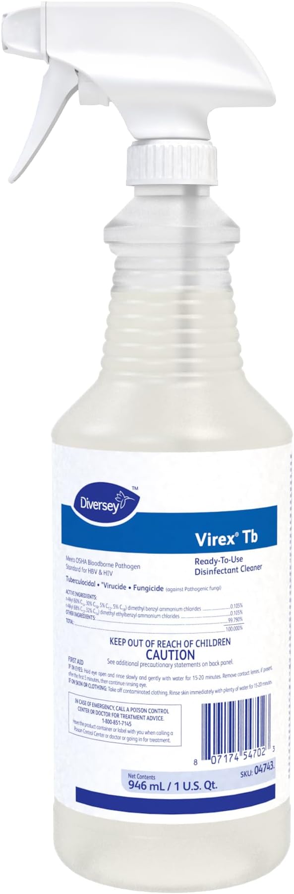 VIREX Diversey Tb 04743. Disinfectant Cleaner, Hospital Use Tuberculocidal, Virucide, Fungicide with Lemon Scent, Ready-to-Use Liquid, For Home & Commercial Use, 32-Ounce