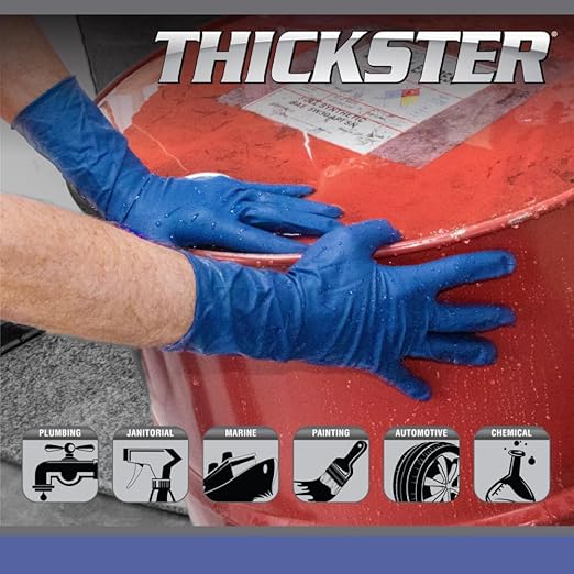 Thickster Powdered Latex Disposable Gloves. Size Medium. Blue Color, 14 mil Thickness, 12" Length. Fully Textured for Superior Grip. Single Use. Pack of 50. (6602)