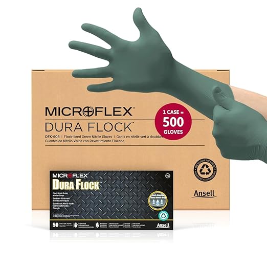 Ansell Microflex Dura Flock DFK-608 Thick 11mil Nitrile Gloves w/Flock Lining for Automotive, Aftermarket, Machinery - Large, Green (Case of 500)