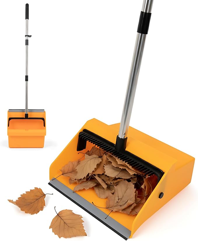 REEWII Large Commercial Dustpan with Comb，Long Handle Upright Heavy Duty Dust Pan Outdoor Indoor for Courtyards, Garages, Lobbies, Shopping Malls, Market Floors, Sidewalks, Classroom Floor Cleaning