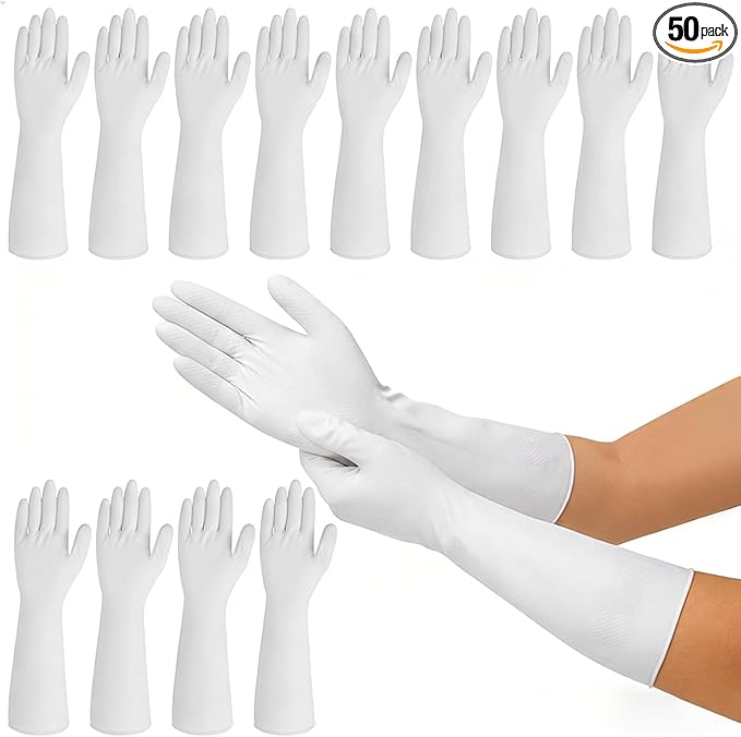 50 Counts 16" Long Disposable Nitrile Gloves Latex Free Dishwashing Gloves Waterproof for Household Clean Gardening(White,L)