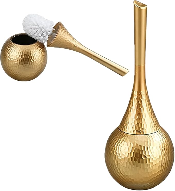 Hideaway Toilet Brush Set, Hammered Gold | Small Bathroom Space-Saver | Anti-Splash Shield & 360° Deep Clean | Housewarming Gift for Homeowners | Rust-Proof ABS Modern Bath Accessories