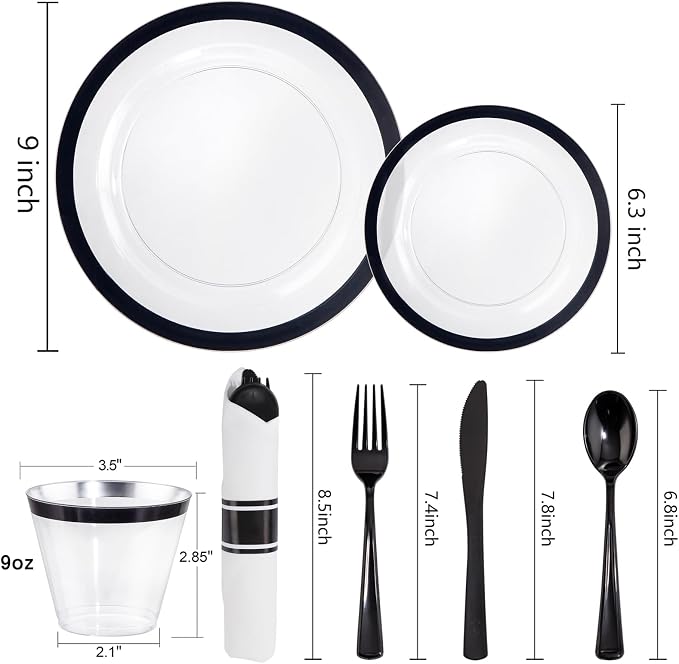 Liacere 350PCS Clear Black 350PCS Disposable Dinnerware Set for 50 Guests- 100 Plastic Plates, 50 Pre rolled Black Silverware,50 Plastic Cups for Wedding & Party & Graduation& 4th of July