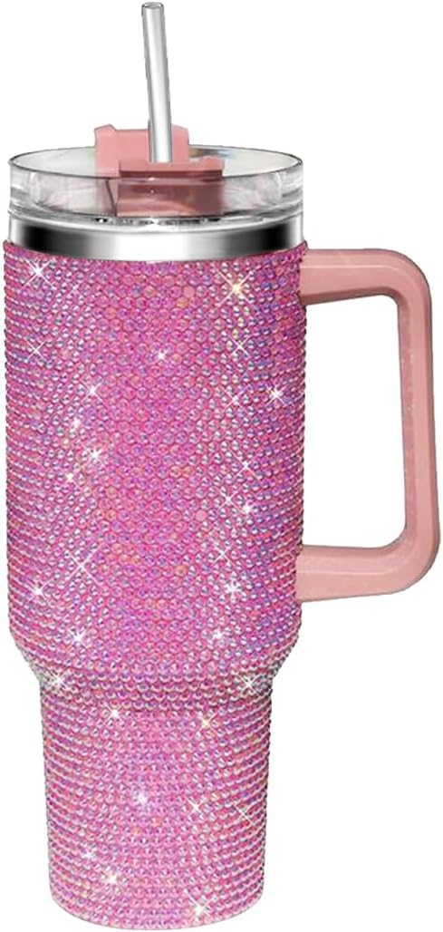 HWISDMIG 40oz Tumbler with Handle-Glitter Rhinestones Tumbler Bling Cups Stainless Steel Water Bottle Diamond Studded Tumbler for Women-Birthday Gifts for Women, Mom, Wife, Girlfriend (40 oz, Pink)