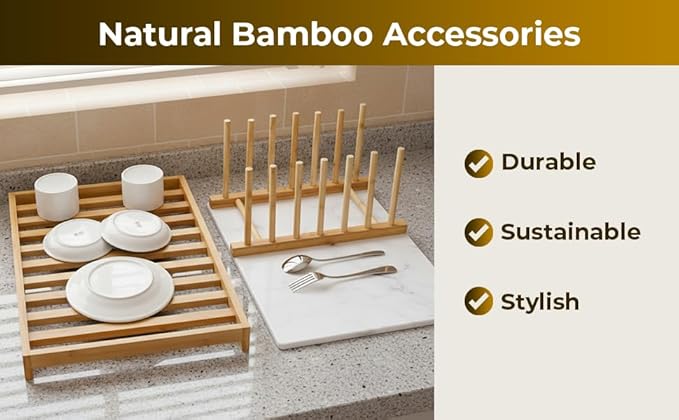 Premium Dish Drying Stone for Kitchen Counter 20” x 14” | Fast Absorbing Stone Drying Mat with Bamboo Dish Rack | Dish Drying Mat Plus Bamboo Set
