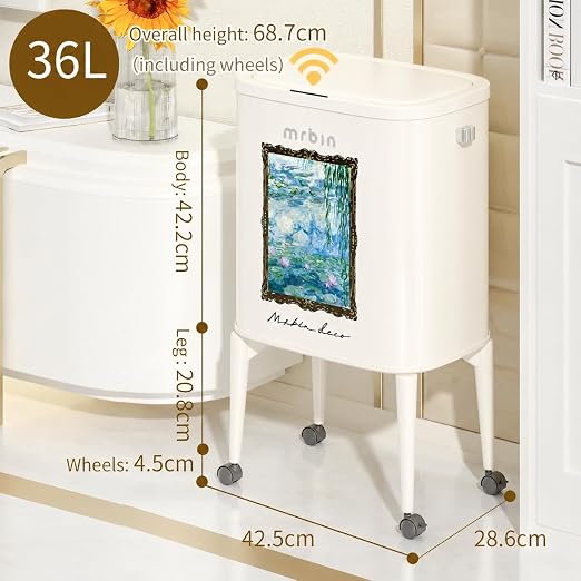 MRBIN Metal Motion Sensor Kitchen Trash Can with Wheel Legs, Medium Press Lid Slim Waste Basket, 36L / 9.5gal Pet Proof Tall Narrow Garbage Pail for Vanity, Living Room, Bathroom, Bedroom, Water Lily