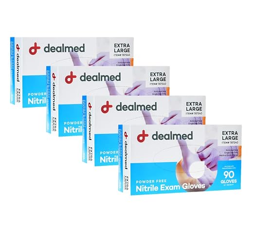 Dealmed Nitrile Exam Gloves – 90 Count X-Large (Pack of 4) Disposable, Non-Irritating, Latex Free, Multi-Purpose for First Aid Kit, Medical Facilities & More