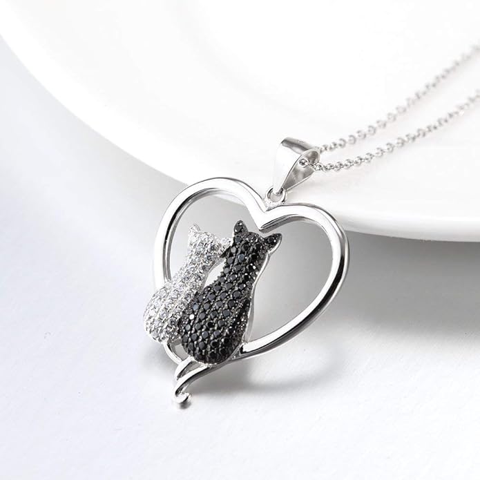 Two-tone 925 Sterling Silver Black and White Crystal Couple Cat Love Pendant Necklace, 18"