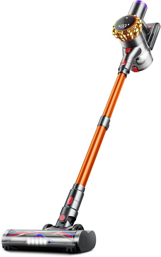 Cordless Vacuum Cleaner,Upgraded 550W 45KPA 60Mins Vacuum Cleaners for Home,Self-Standing Stick Vacuum with LED Display,8 in 1 Lightweight Anti-Tangle Wireless Vacuum,Orange+red