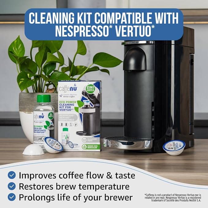 Caffenu Descaling Kit Compatible with Nespresso Vertuo, 2 Uses Descaling Solution and 6 Cleaner Pods. Removes Limescale & Cleans Pod Area. Better Tasting & Hotter Coffee. 4 Months Supply.