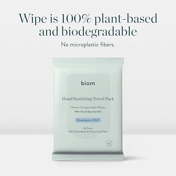 Biom Hand Sanitizing Wipes - Travel Size 24 pack(480 Wipes) 65% Ethanol Alcohol, Kills 99.9% of Germs, Removes Dirt & Grime, Made of Plant-Based & Plastic Free Fibers, Hypoallergenic -Eucalyptus Chill