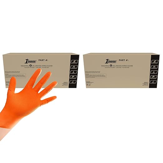1st Choice 6 mil Orange Gloves, Disposable, Latex Free, Raised Diamond Grip, Mechanic Glove for Men, Large, 2 Cases of 1000