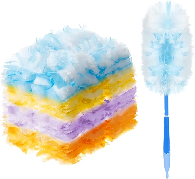 Vesici 50 Pcs Duster Refills Compatible with Swiffer Dusters Bulk Disposable Replacement Thickened with 1 Handle Heavy Duty for Cleaning, Office (Yellow,Blue,Orange,Purple)