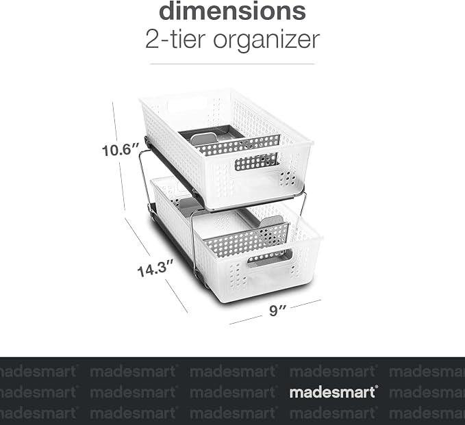 madesmart Premium 2 Tier Organizer, Under Cabinet Storage with Pull Out Sliding Drawers, for Cleaning Supplies, Undersink, Sponges, Bottles & Bath, Adjustable Dividers & Pull Out Baskets, Frost