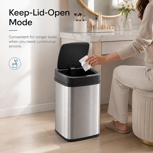 DZT-12-5 12L Stainless Steel Smart Waste Bin with Motion Sensor | Touchless Auto-Open Lid & Soft-Close for Bathroom, Kitchen & Office (Sliver)