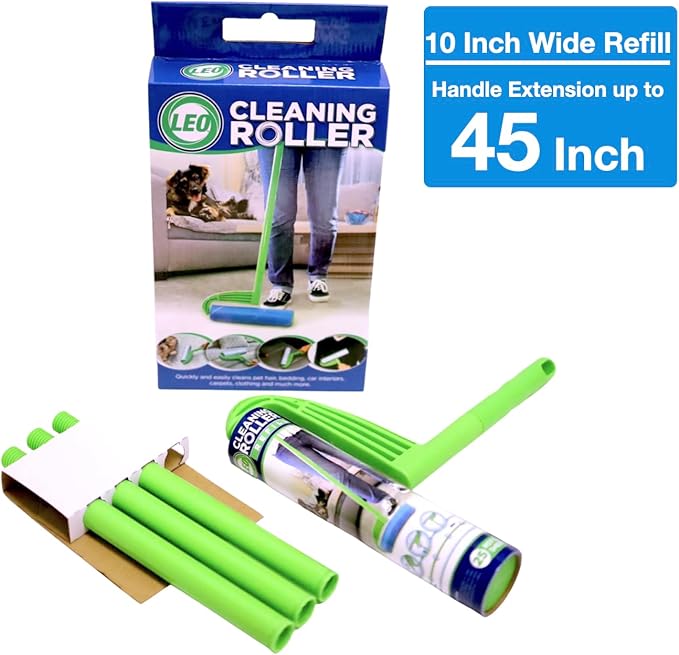 Leo Large 10-Inch Wide Lint Roller Refills 325 Sheets with extendable Handle to 45 inch for Lint Removers Household Cleaning Easily Remove Pet Hair Dust and Debris from Floors Carpets and Furniture