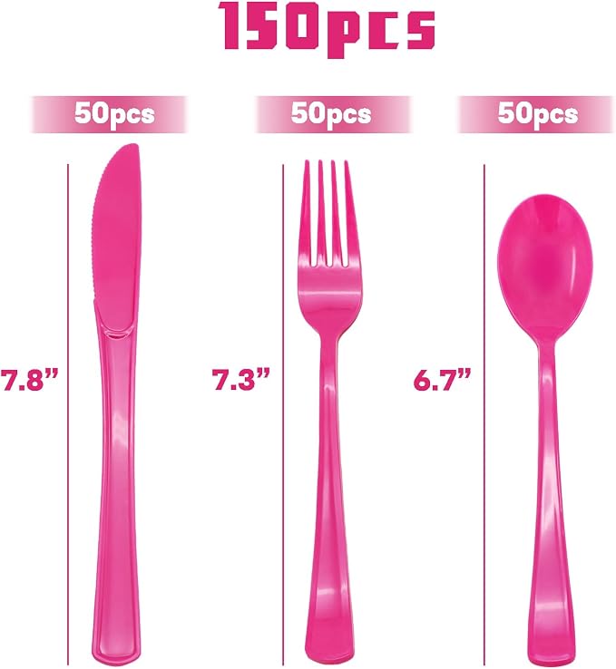 150 Pcs Hot Pink Plastic Silverware Hot Pink Plastic Utensils Heavy Duty - 50 Forks, 50 Knives, 50 Spoons for Valentine's Day,Birthday Bachelorette Wedding Bridal Shower