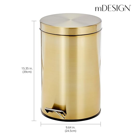 mDesign Tall 3.2 Gallon/12 Liter Round Metal Step Trash Can Wastebasket, Garbage Container Bin fo Kitchen, Bathroom, Home - Removable Liner Bucket - Soft Brass