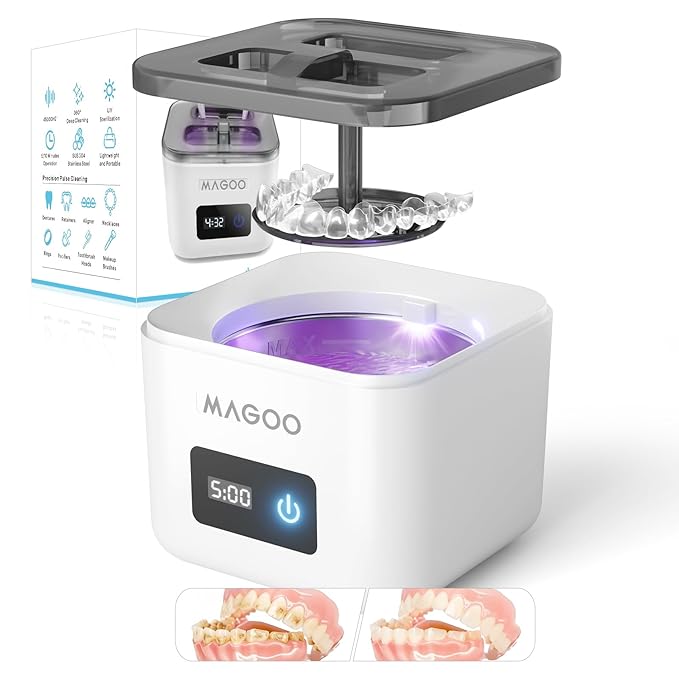 Ultrasonic Retainer Cleaner Machine, Denture Cleaner for Aligners Night Guards Braces Mouth Guards Toothbrush Heads，All-in-One Dental & Jewelry Cleaner, 45kHz 200ML, Dual Modes