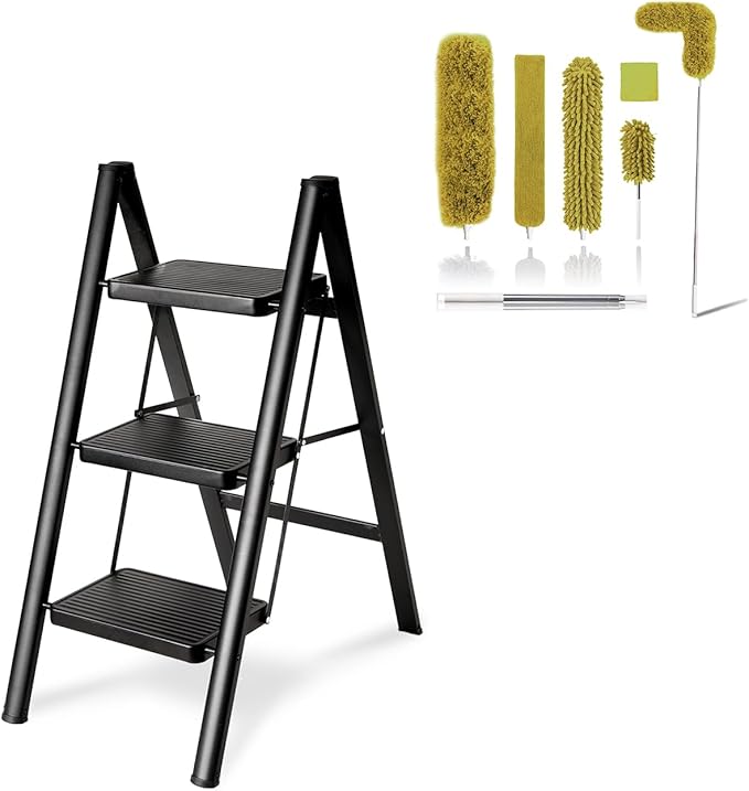 Folding 3 Step Ladder & Microfiber Duster Kit 6 Pcs