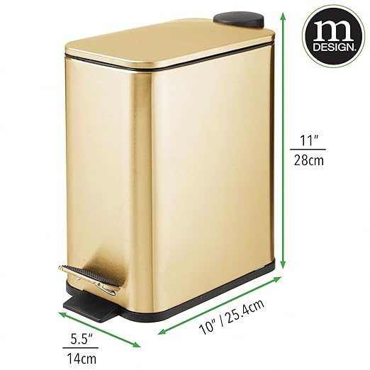 mDesign 1.3 Gallon Rectangular Slim Metal Trash Can w/ Foot Pedal, Easy-Close Lid, Narrow Wastebasket, Garbage Container Bin - Bathroom, Bedroom, Kitchen, Home Office, Removable Liner- Soft Brass