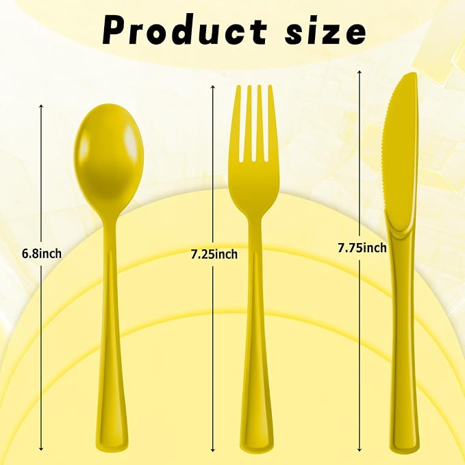 Plastic Silverware 150 PCS Disposable Silverware Heavy Duty Utensil Sets 50 Of Each Forks Knives & Spoons Disposable Cutlery Set For Easter,Birthday,Baby Shower,Garden Party,Wedding(150,Yellow)