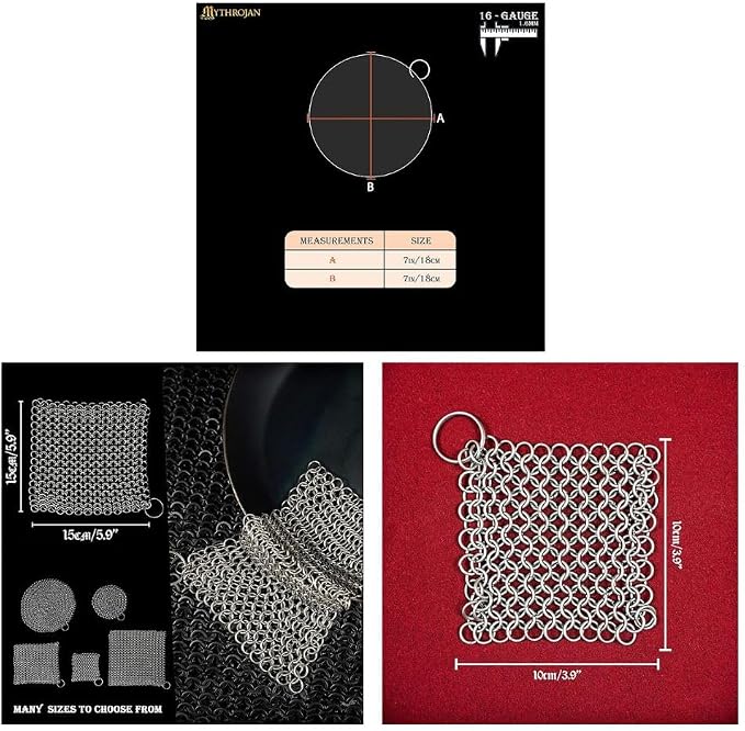 Mythrojan Cast Iron Scrubber 3 Pack Skillet Cleaner 316L Stainless Steel Chainmail Scrubber Scraper for Cast Iron Pre-Seasoned Pans, BBQ Grills, Pot Cookware Cleaning