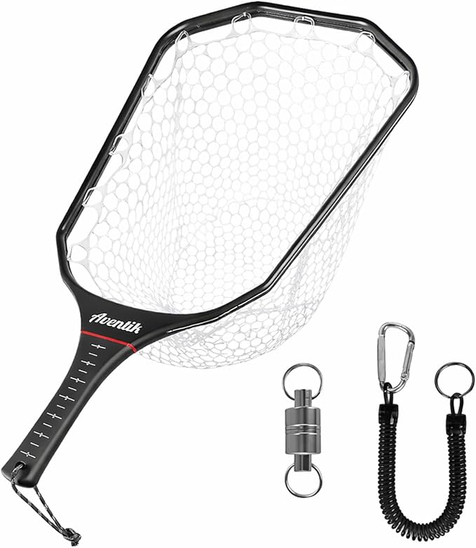 Aventik Floating Fly Fishing Net Carbon Fiber Square Landing Net with Accurate Measuring Handle Clear Rubber Ghost Mesh for Professional Trout Fishing Catch & Release