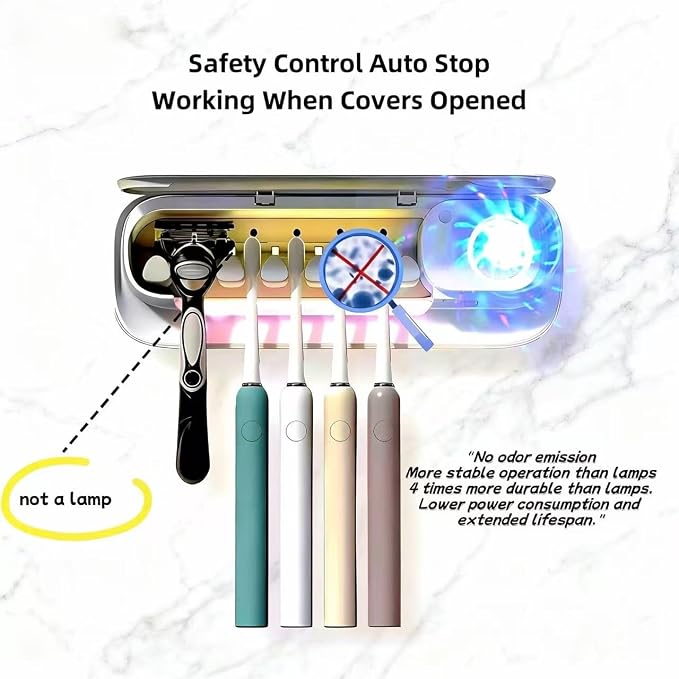 UV Toothbrush Holders Wall Mounted Toothbrush Sanitizer Cleaner 5 Slots with Heating and Fan Drying Smart Home Bathroom Accessories Cordless & No Drilling