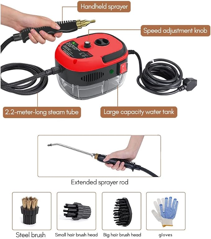 Decdeal Handheld Steam Cleaner Pressurized with Brush Heads and Gloves | High Temperature Pressurized Cleaning Machine for Car Floors Kitchen Furniture Bathroom Windows
