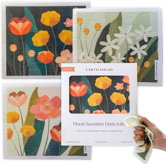 Swedish Dishcloths – Wildflower Garden Floral Designs – Reusable Compostable Cellulose Sponge Cloth – Eco-Friendly Paper Towel Alternative 3 Pack