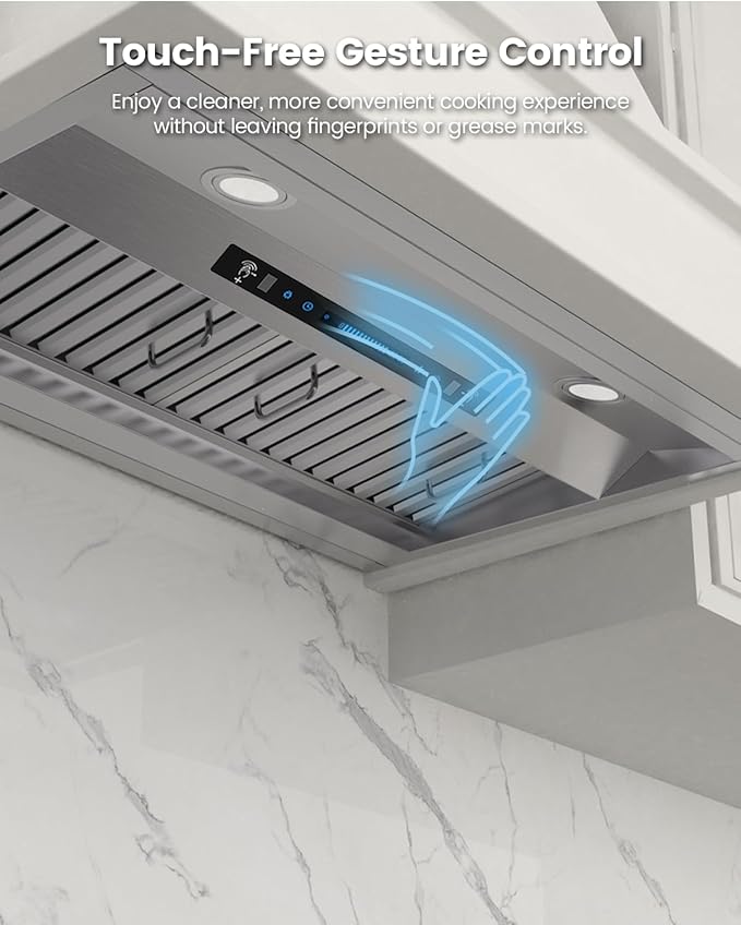 JOCO 42 Inch Range Hood Insert, 900 CFM Stainless Steel Built-In Kitchen Vent Hood, Convertible for Ducted or Ductless Installation, 4-Speed Gesture/Touch/Remote Control, Model B02-42G