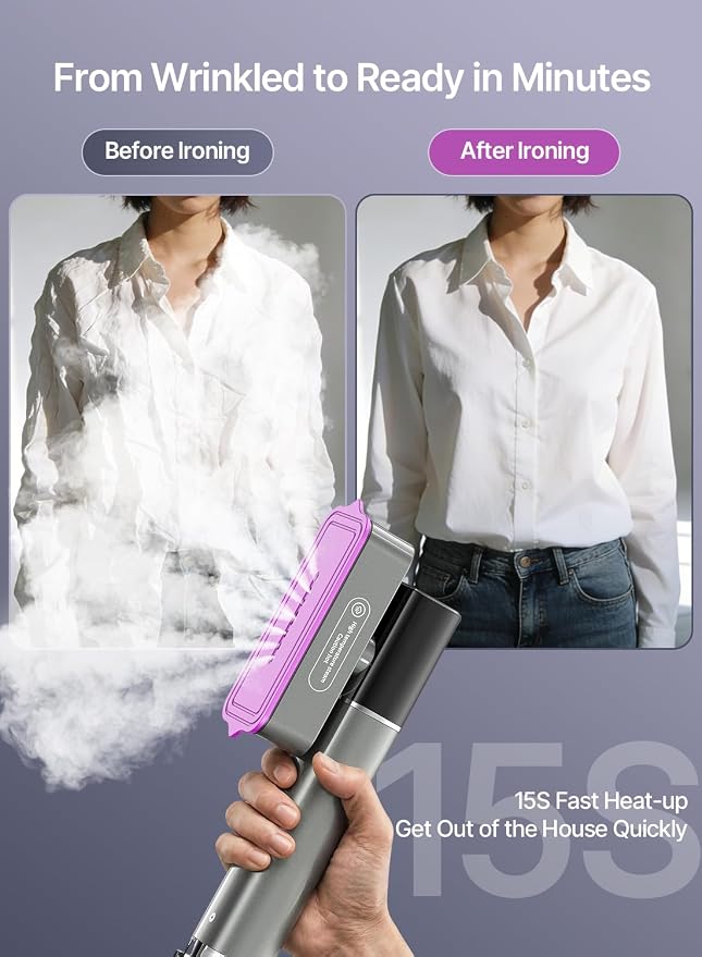 Steamer for Clothes, 1200W Clothes Steamer Handheld, 2 in 1 Travel Steamer Iron with LED Display, 15s Fast Heat Up, 4 Modes, 25g/min Steam, Portable Garment Steamer, 120V, Black Purple