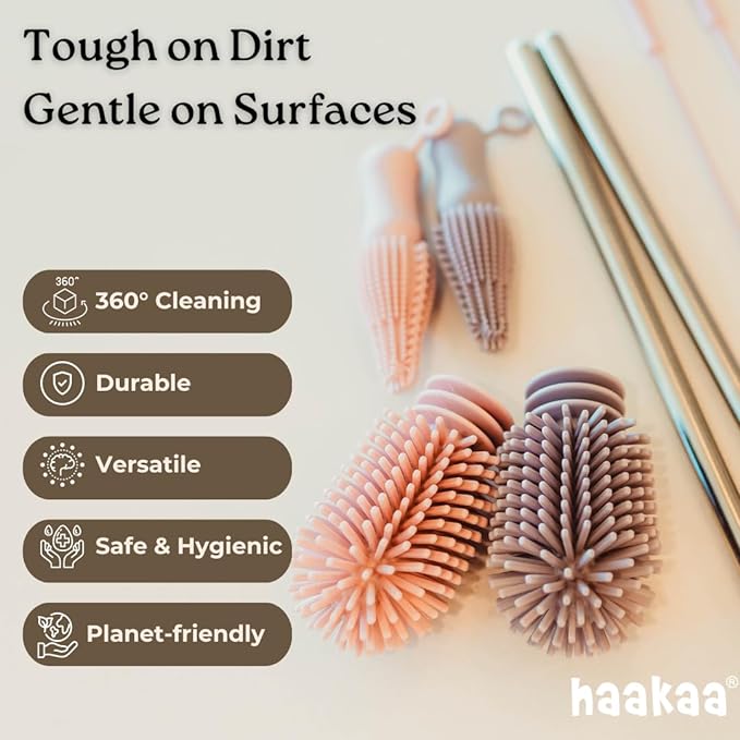Haakaa Silicone Cleaning Brush Kit – Household Cleaning Brushes for Bottles and Crevices – Food-Grade Silicone: Dishwasher Safe (Kit-Mist Blue)