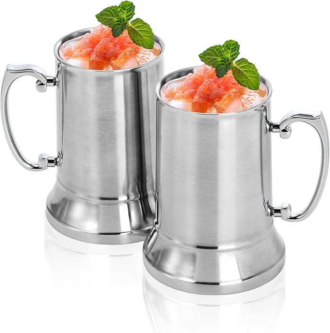 Goaste 2 Packs Tankard Style Beer Mugs, 20 OZ Double Walled Stainless Steel Beer Stein, Heat Insulated Coffee Mug Tumblers with Big Grip Handle for Hot or Cold Beverages, Milk, Tea, Bar Drinkaware