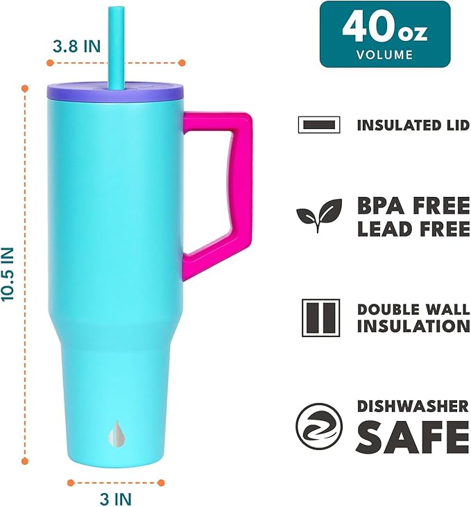 Elemental 40 oz Tumbler with Handle and Straw - Spill Proof Insulated Stainless Steel Commuter for Cold Beverages - Travel Coffee Mug with 2 Straws & Spill Proof Lid - 40oz - Blue Tie Dye