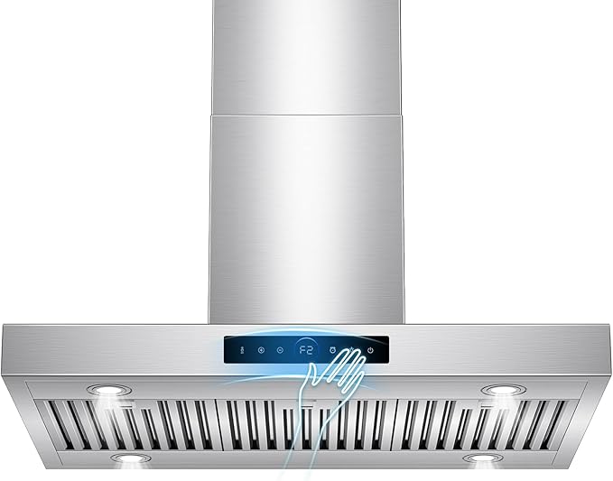36 inch Island Range Hood Ceiling Mount 1200 CFM with 4-Speed Gesture Sensing & Touch Control, Ducted/Ductless Stainless Steel Kitchen Stove Vent Hoods with 4 LED Lights, Timer,Dishwasher-Safe Filters